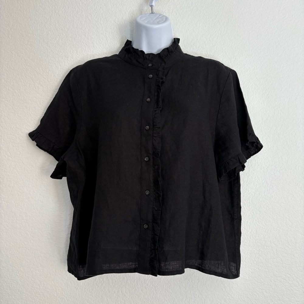 J.Crew Linen Short Sleeve Button Front Blouse Large New Black Breathable Ruffle